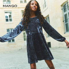 MANGO BLUE RUFFLED VELVET DRESS 77059236