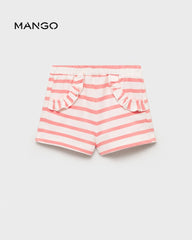 MANGO CORAL RED STRIPED SHORTS WITH RUFFLE POCKETS