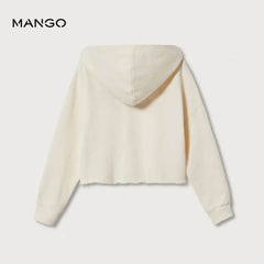 MANGO ECRU JOYFUL EMBROIDRED MESSAGE CROP HOODIE
