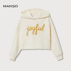 MANGO ECRU JOYFUL EMBROIDRED MESSAGE CROP HOODIE