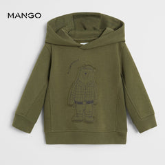 MANGO KHAKI BEAR APPLIQUE HOODED SWEATSHIRT
