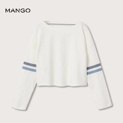 MANGO OFF WHITE STRIPED CROP T-SHIRT