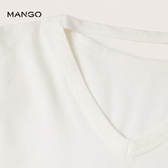 MANGO OFF WHITE STRIPED CROP T-SHIRT