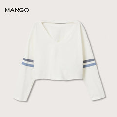 MANGO OFF WHITE STRIPED CROP T-SHIRT