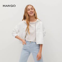 MANGO WHITE ZIPPED CROPPED HOODIE
