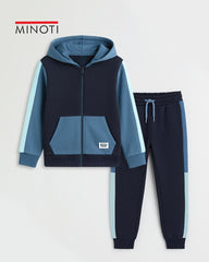 MINOTI BLUE COLOR BLOCK FLEECE ZIP HOOD WITH TROUSER SET