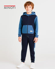 MINOTI BLUE COLOR BLOCK FLEECE ZIP HOOD WITH TROUSER SET