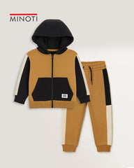 MINOTI BROWN COLOR BLOCK FLEECE ZIP HOOD WITH TROUSER SET
