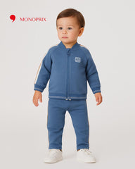 MONOPRIX BLUE ZIPPED TEDDY COLLAR WITH STRIPED SWEATSHIRT 2 PCS SET