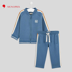 MONOPRIX BLUE ZIPPED TEDDY COLLAR WITH STRIPED SWEATSHIRT 2 PCS SET