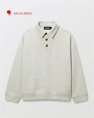MONOPRIX BOYS ORGANIC COTTON STRIPED POLO COLLAR SWEATSHIRT