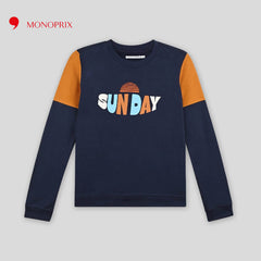 MONOPRIX DARK BLUE TWO TONE COTTON SUNDAY PRINTED SWEATSHIRT