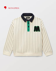 MONOPRIX ECRU STRIPED POLO COLLAR SWEATSHIRT