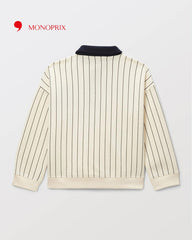MONOPRIX ECRU STRIPED POLO COLLAR SWEATSHIRT