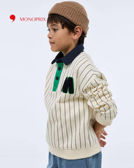 MONOPRIX ECRU STRIPED POLO COLLAR SWEATSHIRT