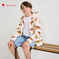 MONOPRIX ECRU TIGER PRINT ZIPPED HOODIE