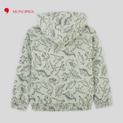 MONOPRIX GREEN DINO PRINTED ZIPPER HOOD