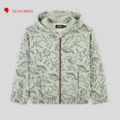 MONOPRIX GREEN DINO PRINTED ZIPPER HOOD
