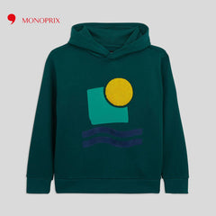 MONOPRIX GREEN HOODED SWEATSHIRT WITH FANCY PRINT