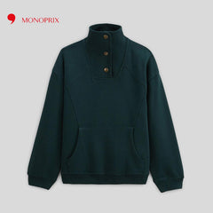 MONOPRIX GREEN MOCK NECK KANGAROO POCKET SWEATSHIRT