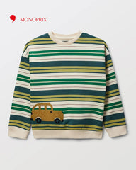MONOPRIX GREEN STRIPED PRINTED BRUSHED FLEECE SWEATSHIRT