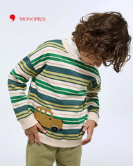 MONOPRIX GREEN STRIPED PRINTED BRUSHED FLEECE SWEATSHIRT