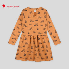 MONOPRIX LIGHT BROWN FOX PRINTED FLEECE DRESS
