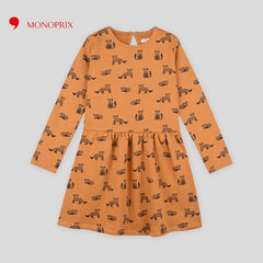 MONOPRIX LIGHT BROWN FOX PRINTED FLEECE DRESS