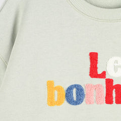 MONOPRIX LIGHT GREEN EMBOSSED MESSAGE FLEECE SWEATSHIRT 0013