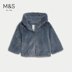 M&S BLUE FAUX FURR HOODED JACKET