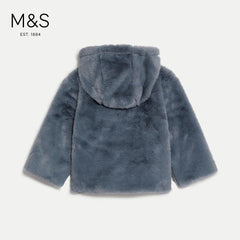 M&S BLUE FAUX FURR HOODED JACKET
