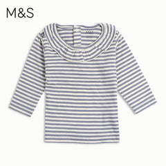 M&S BLUE STRIPED FRILL TOP