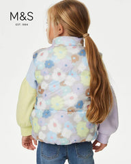 M&S GIRLS FLORAL PATTERNED PUFFER SLEEVELESS JACKET