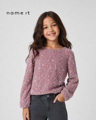 NAME IT DUSTY PINK BLACK BOW SEQUINED BLOUSE
