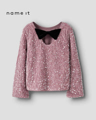 NAME IT DUSTY PINK BLACK BOW SEQUINED BLOUSE