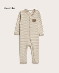NEWBIE BEIGE STRIPED BEAR ZIP UP ROMPER