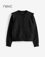 NEXT BLACK COTTON RICH FRILL SHOULDER SCHOOL CARDIGAN -15A