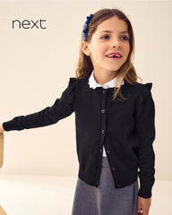 NEXT BLACK COTTON RICH FRILL SHOULDER SCHOOL CARDIGAN -15A