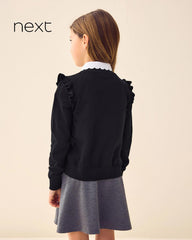 NEXT BLACK COTTON RICH FRILL SHOULDER SCHOOL CARDIGAN -15A