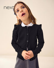 NEXT BLACK COTTON RICH FRILL SHOULDER SCHOOL CARDIGAN -15A
