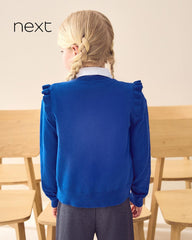 NEXT BLUE COTTON RICH FRILL SHOULDER SCHOOL CARDIGAN -14A