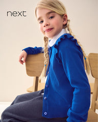 NEXT BLUE COTTON RICH FRILL SHOULDER SCHOOL CARDIGAN -14A