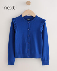 NEXT BLUE COTTON RICH FRILL SHOULDER SCHOOL CARDIGAN -14A