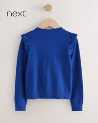 NEXT BLUE COTTON RICH FRILL SHOULDER SCHOOL CARDIGAN -14A