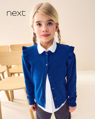 NEXT BLUE COTTON RICH FRILL SHOULDER SCHOOL CARDIGAN -14A