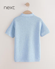 NEXT BLUE COTTON TEXTURED KNITTED POLO SHIRT