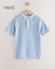 NEXT BLUE COTTON TEXTURED KNITTED POLO SHIRT