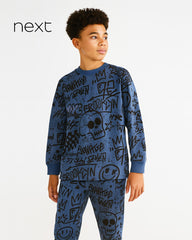 NEXT BLUE PRINTED LONG SLEEVE T-SHIRT AND TROUSER SET