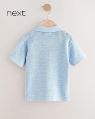 NEXT BLUE TEXTURED KNITTED COTTON POLO SHIRT