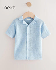 NEXT BLUE TEXTURED KNITTED COTTON POLO SHIRT